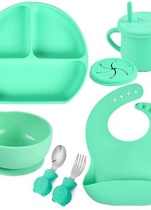 Набір посуду y13 трьохсекційна тарілка,поїльник,ложка виделка металеві,слюнявчик зелений v-11169