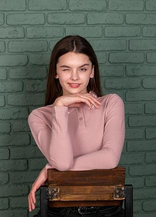 Пудрове з білою смужкою поло з довгим рукавом жіноче standart