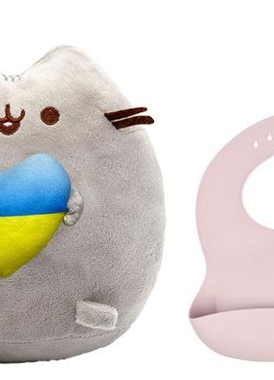 Мягкая игрушка пушин кэт с сердцем серый и силиконовый слюнявчик y26 (vol-10398)