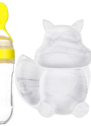 Набір y1 силіконова 3-секційна тарілка, ложка, пляшка-ложка білий (n-10016)