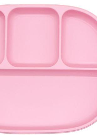 Детская четырех-секционная силиконовая тарелка с присоской и ложечка розовый (vol-10236)