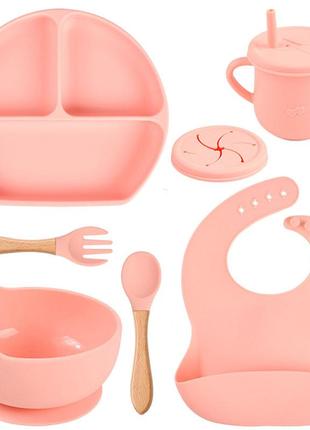Набор силиконовой посуды y12 трехсекционная тарелка,поильник,ложка вилка деревянные,слюнявчик розовый v-11140