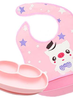 Набор силиконовая тарелка коврик для кормления ребенка 22х15 см и слюнявчик пвх со свинкой (n-1074)