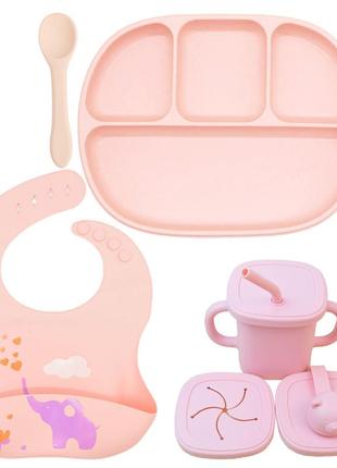 Набор силиконовый посуды 2life четырехсекционная тарелка d3 ложка вилка поильник и слюнявчик розовый vol-10440
