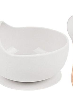 Набор силиконовой посуды 2life y23 глубокая тарелка для супа и деревянная ложка светло-серый n-11587