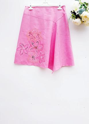 Нежно розовая юбка миди с вышивкой льняная юбка миди юбка лён
