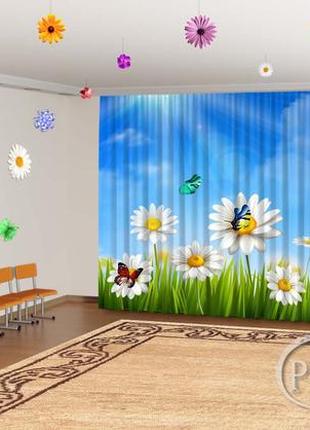 Фото шторы в детский сад  "3d ромашки з бабочками" - любой размер