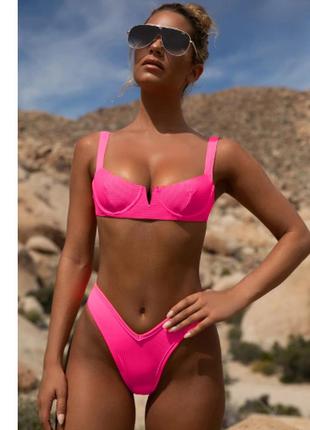 Яркий неон розовый купальник в рубчик s