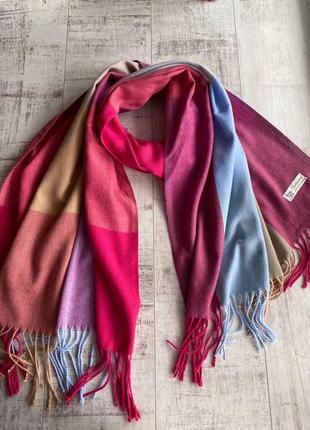 Шарф кашемировый длинный в розово-голубую клетку