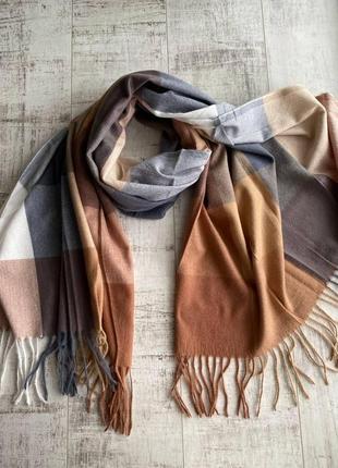 Шарф кашеміровий у бежево-коричневу карту