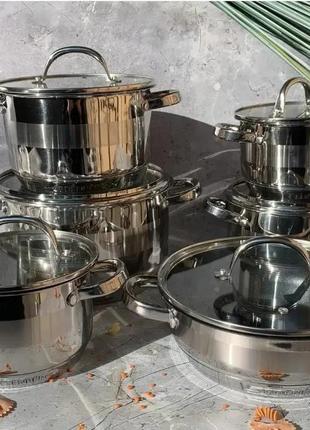 Набор кастрюль из нержавеющей стали 12 предметов edenberg eb-2120 набор кухонной посуды с толстым дном1 фото
