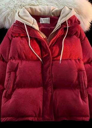 Осенняя базовая теплая женская куртка оверсайз замшевый пуховик со вшитым воротником синтепон 2503 фото