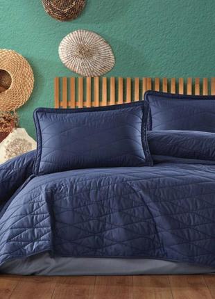 Двухспальное покрывало евроразмера на кровать с наволочкой, покрывала 240х260 см хлопок двухсторонне синий