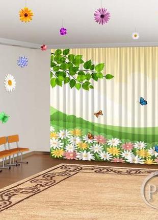 Фото штори в дитячий садок "березові листочки та метелики з квітами" - будь-який розмір