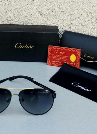 Cartier очки капли мужские солнцезащитные черные с золотом поляризированые