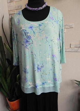 Шикарная блуза для пышных дам бирюзового цвета с цветочным принтом (эксклюзивного - 24-р.)4 фото