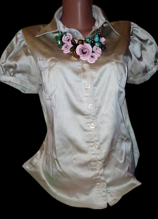 Красивая атласная блуза золотистая с рукавами-фонариками2 фото