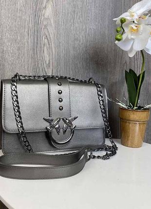 Женская мини сумочка клатч pinko черная, маленькая сумка пинко птички серебристый2 фото