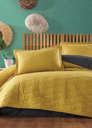 Покривала 240х260 см бавовна двостороння євророзміру на ліжко, двоспальне покривало  з наволочкою жовтий