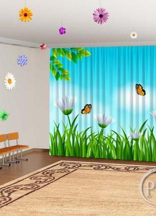 Фото шторы в детский сад  "бабочки и ромашки в травке 1" - любой размер