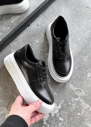 Черные натуральные кожаные кроссовки кеды на белой высокой толстой подошве платформе кожа2 фото