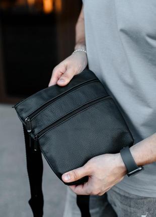 Вместительная кожаная сумка черная, сумка через плечо, из натуральной кожи,  с двумя карманами2 фото