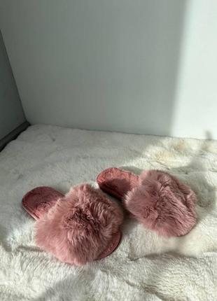 Домашние пушистые тапочки тапки с открытым носком розовые пудровые