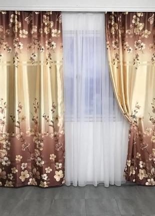 Готовый набор на окно шторы и тюль шифоновый белый  комплект атласный штор с тюлем шифон шторы и тюль в цветы1 фото