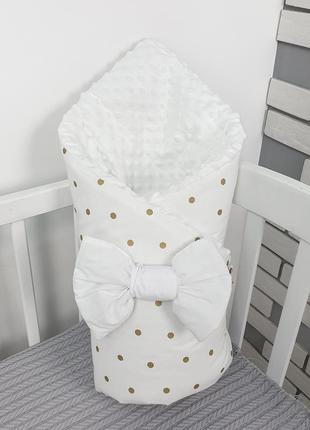 Ковдра-конверт зі з'ємним утеплювачем -100х80см з бантиком на виписку-золотий горошок на білому з білим плюшем