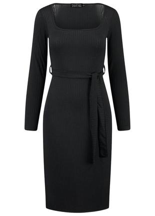 Черное платье-миди с&nbsp; поясом и длинным рукавом boohoo4 фото