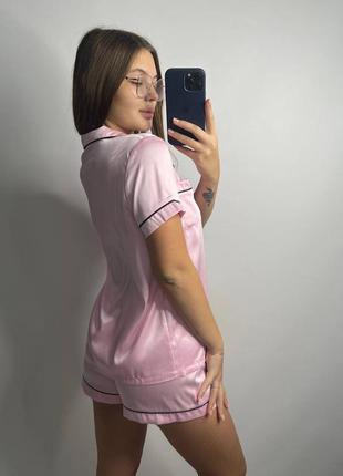 Комплект шелковый пижама рубашка с коротким рукавом на пуговицах + шорты розовый6 фото