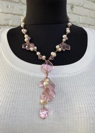 Ожерелье из жемчуга и розового кварца
