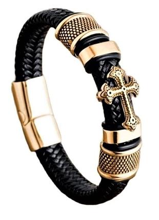 Браслет кожаный винтажный "крест" type d2 21 см золотистый