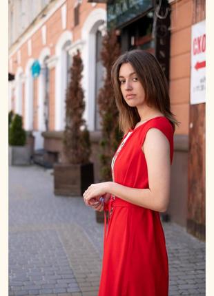 Сарафан жіночий лляний літній червоний "dnister" з воланом без рукавів2 фото