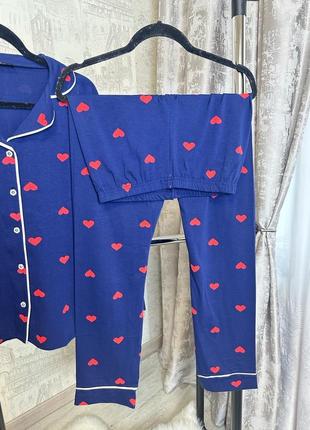 Котоновая хлопковая пижама рубашка с длинным рукавом + штаны синяя в красное сердечко4 фото