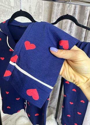 Котоновая хлопковая пижама рубашка с длинным рукавом + штаны синяя в красное сердечко2 фото