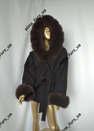 Чорне кашемірове пальто пончо з хутром песця, 42-566 фото