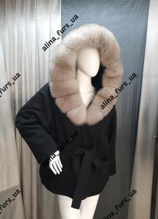 Черное кашемировое пальто пончо с мехом песца, 42-56