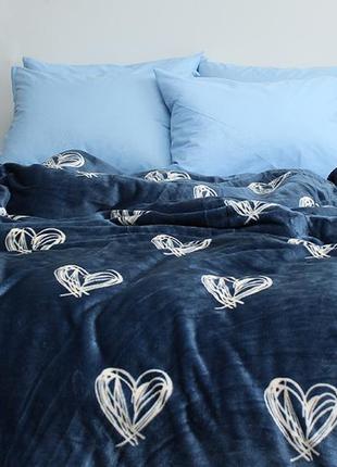 Комплект постельного белья зима-лето темно синий. размеры 1,5/2х сп/євро