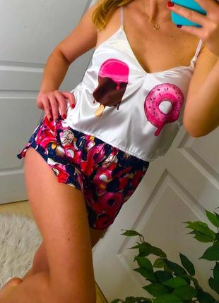 Жіноча піжама атлас атласна піжама атласний комплект шорти топік морозиво фламінго