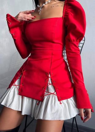 Преміум вечірня червона сукня з рукавами-фонариками та подвійною спідницею з воланами s m ⚜️ преміальне вечірнє червоне плаття4 фото