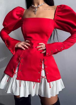 Преміум вечірня червона сукня з рукавами-фонариками та подвійною спідницею з воланами s m ⚜️ преміальне вечірнє червоне плаття7 фото