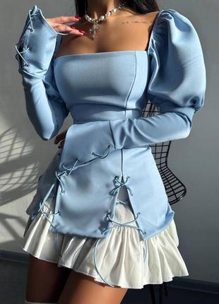 Преміальне вечірнє блакитне плаття з спідницею воланами та рукавом-фонариком s m ⚜️ преміальна вечірня міні сукня