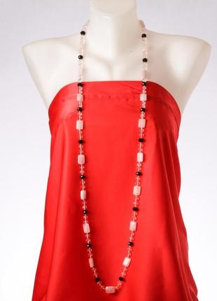 Довгі намиста  рожевий кварц, чорний "чеський кришталь"