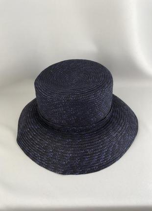 Синяя соломенная шляпа шляпка летняя плетеная высокая тулья широкие поля6 фото