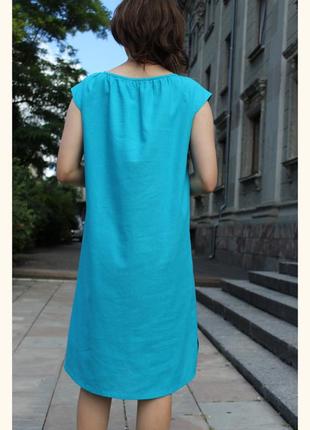 Сукня міді жіноча лляна блакитна "яворівська" з жовтою вишивкою