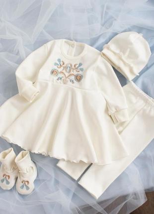 Красивий набір комплект сукня для хрещення хрестин на виписку дівчинки молочного кольору вишитий плаття платтячко вишите вишиванка