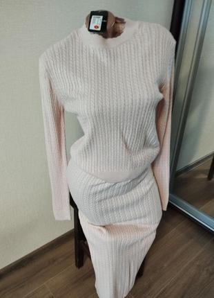 Розовий женский костюм юбка кофта трикотажний костюм красивий1 фото