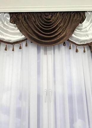 Комплект жаккардовых турецких штор с ламбрекеном шторы 150х270 см ( 2шт ) цвет - коричневый3 фото