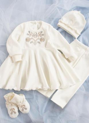 Хрестильний набір комплект вишитий  для хрещення виписки новонародженої дівчинки молочний плаття вишите сукня платтячко вишиванка1 фото